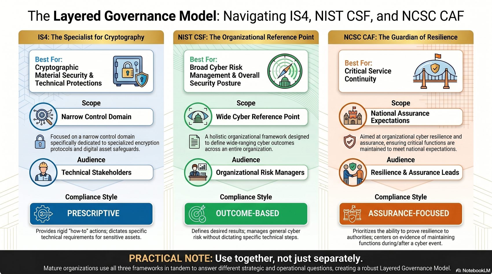 LinkedIn infographic comparing IS4, NIST CSF and NCSC CAF frameworks